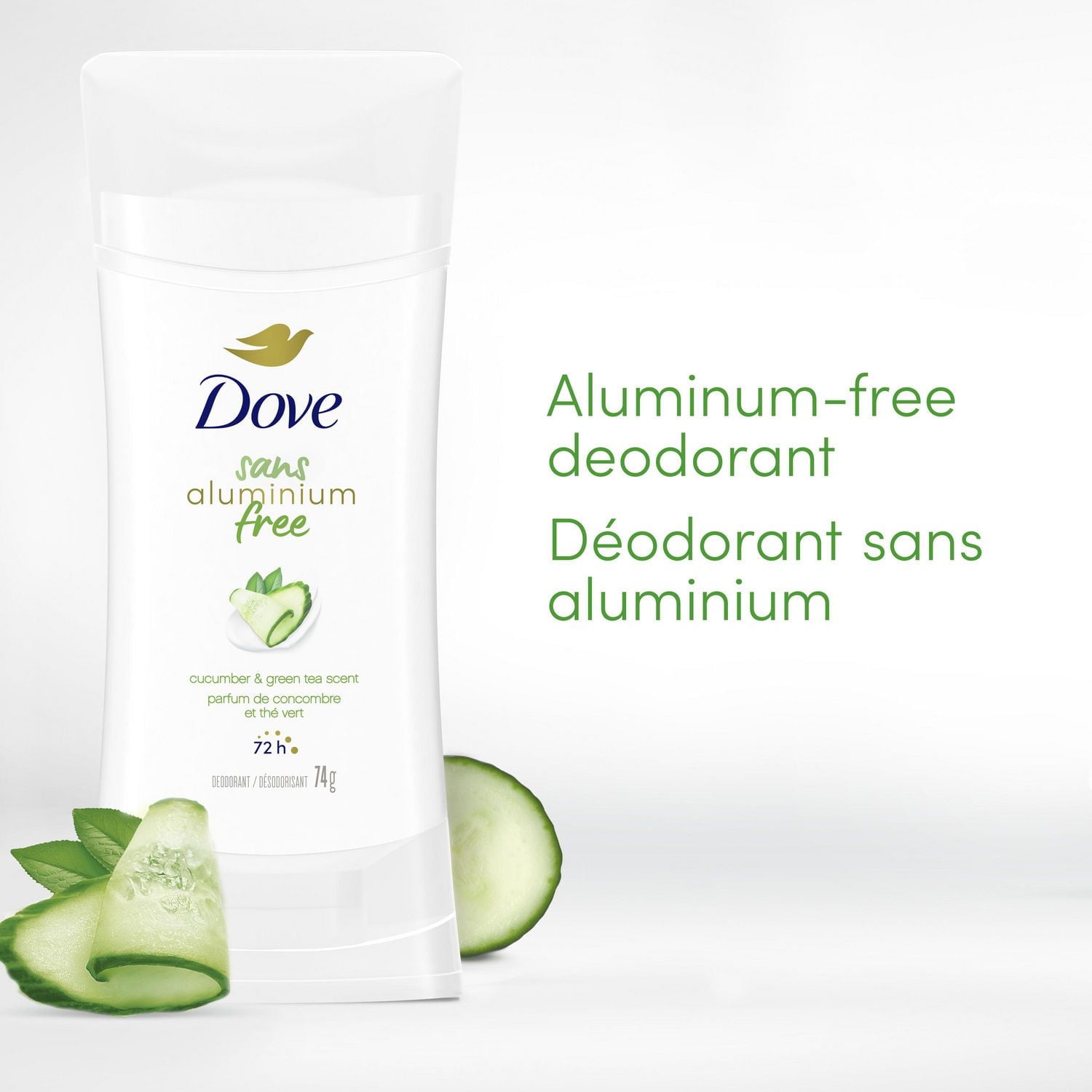 Dove Aluminum Free Déodorant for Women Cucumber & Green Tea Scent for Soft, Comfortable Underarms, 74g