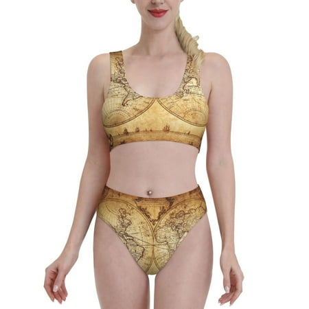 Bixox Vintage Map Of The World Pattern Two-Piece Sports Bikini with U-Shaped Top and High-Waist Bottom - Women s Swimwear with Removable Bra Pads