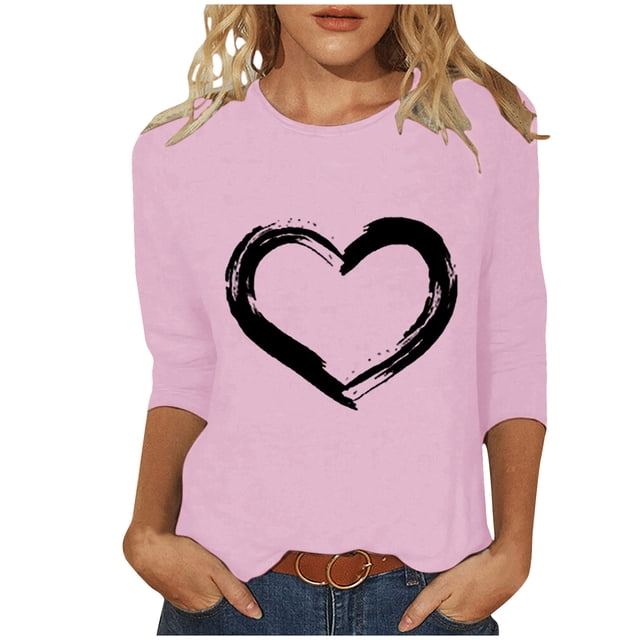 Plebaso Hauts Cœur pour Femmes Manches 3/4 Col Rond T-Shirts Graphiques Mignons Imprimés Blouses Décontractées pour Femmes