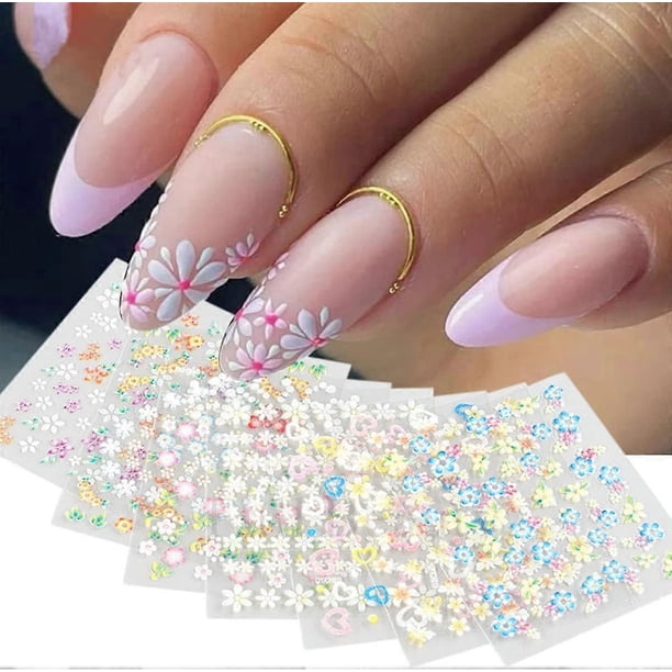 Colorful Flower Nail Art Stickers Decals 3D Self-Adhesive Flower Nail Decals Ice Crystal Flower Daisy Bow Tie Heart Nail Designs Nail Art Supplies Man