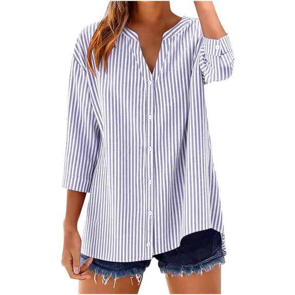 Kukoosong Women's Casual Flannel Plaid Button Down Shirts Striped Print 3/4 Sleeve V-Neck Blouse for Summer Resort Wear Tops, Relaxed and Trendy Shirts for Women