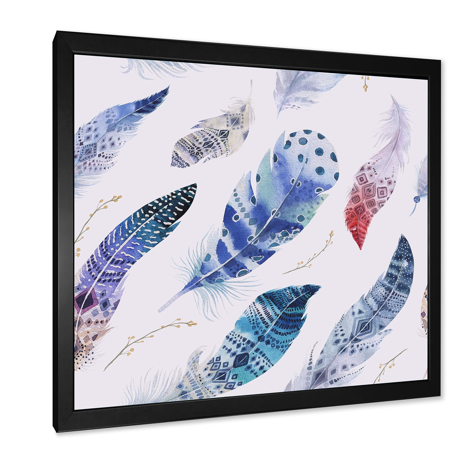 Designart 'Elegant Blue Boho Art Feathers' Bohemian & Eclectic Framed Art Print