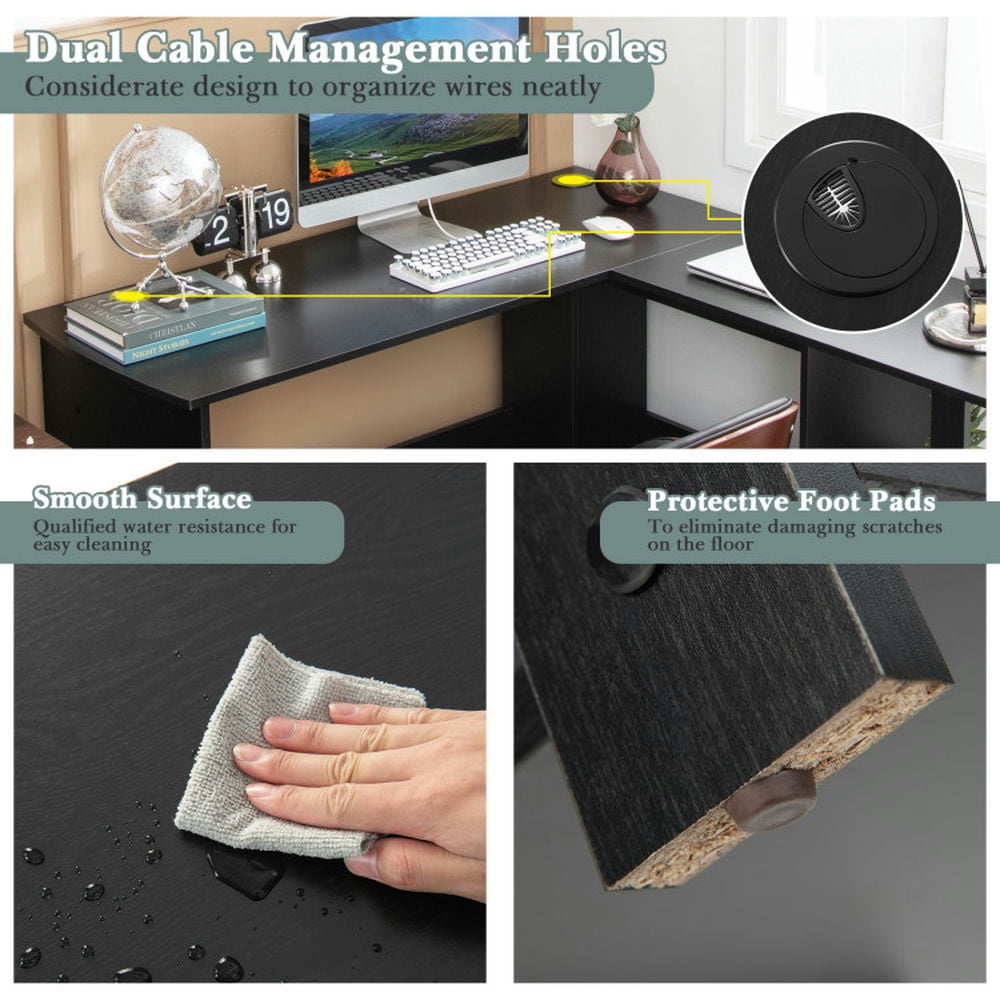 Demi Bonn L Shaped Corner Computer Desk with Storage Shelves, Small Home Office Desk Study Writing Table, Black