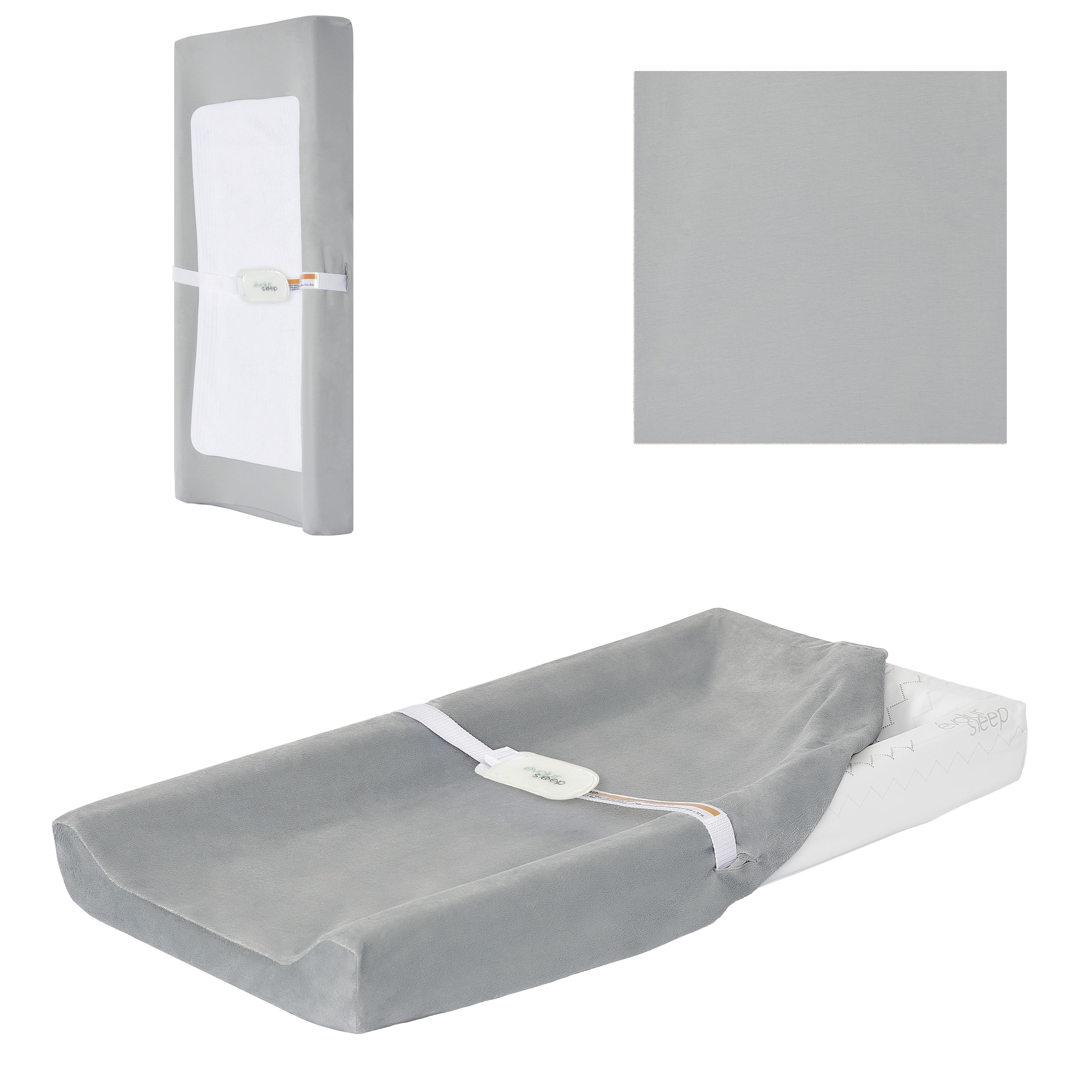 Evolur 3-Sided Contour Changing Pad Gift Set – Changing Pad with 2 Cotton Covers & Liner, Non-Skid Bottom, Safety Harness, Waterproof Foam Core