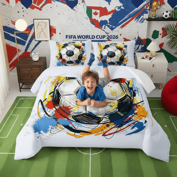 Soccer Comforter Set Boys Sports Bedding Set Full Size for Kids Teens Hand Drawn Football Graffiti Style Comforter Design 3 Piece with 1 Comforter 2 Pillowcases