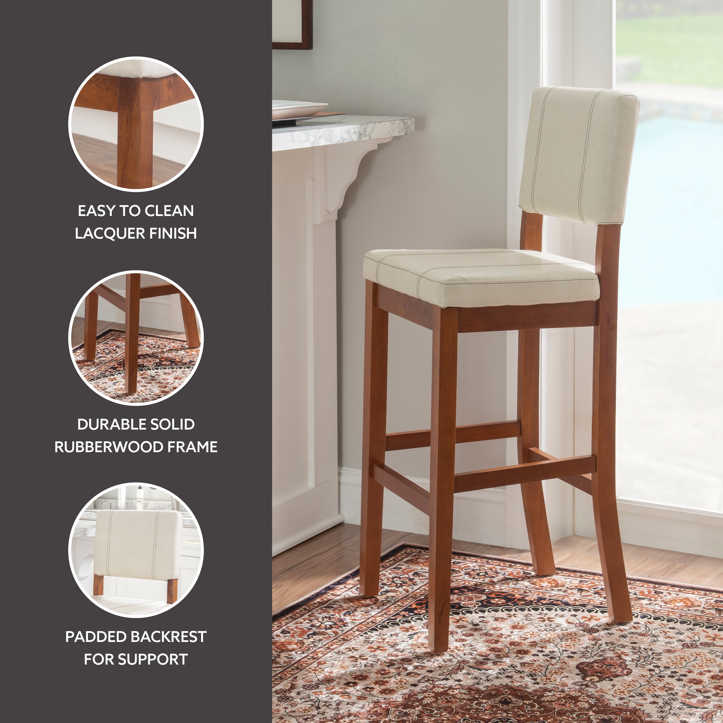 Linon Milano 30" Mid Back Indoor Upholstered Bar Stool, Medium Walnut/Cream Faux Leather