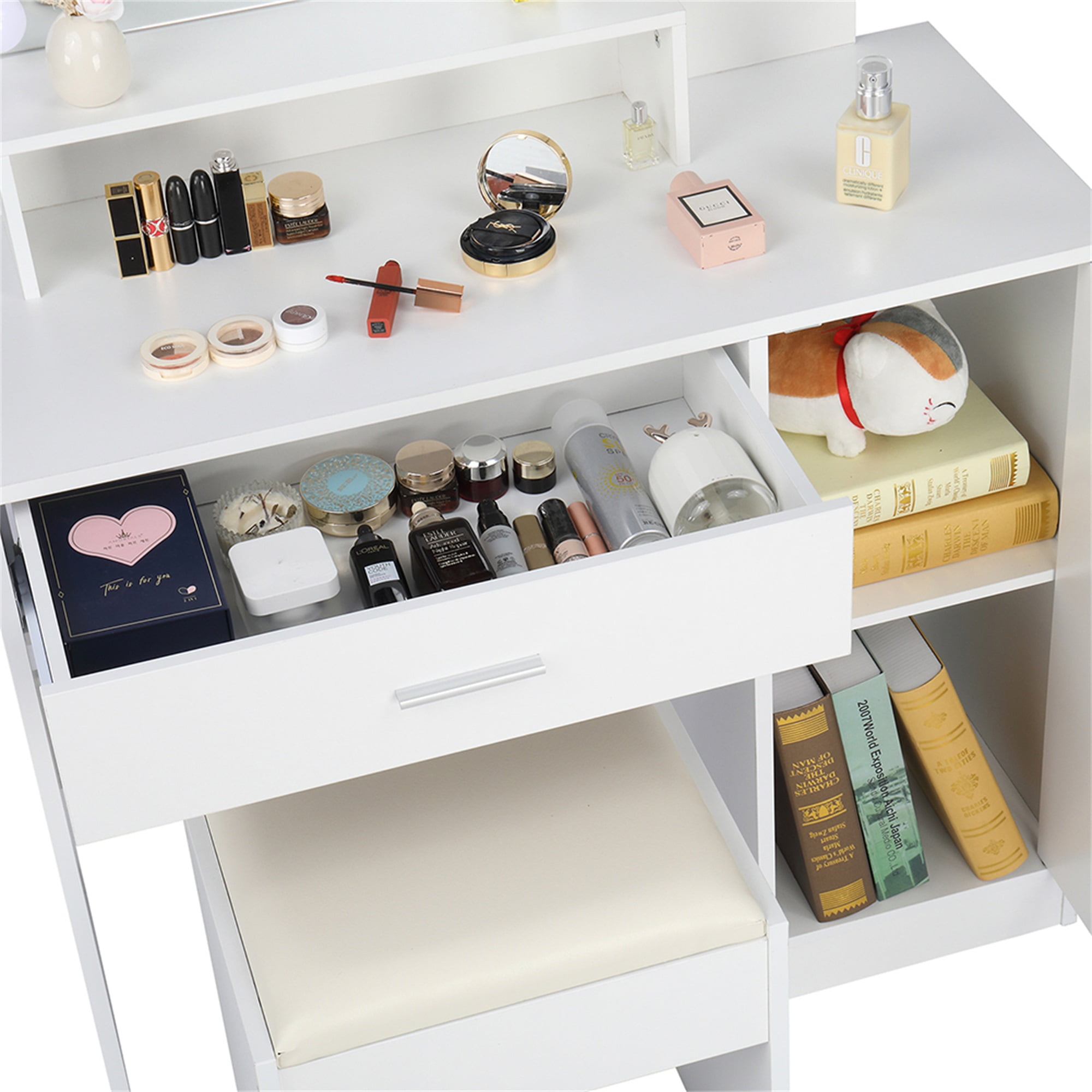 Resenkos Large Vanity Desk Set with 10 LED Bulbs, Makeup Dressing Table with Cushioned Stool for Women, Girls, Bedroom, White Resenkos Large Vanity Desk Set with 10 LED Bulbs, Makeup Dressing Table with Cushioned Stool for Women, Girls, Bedroom, White