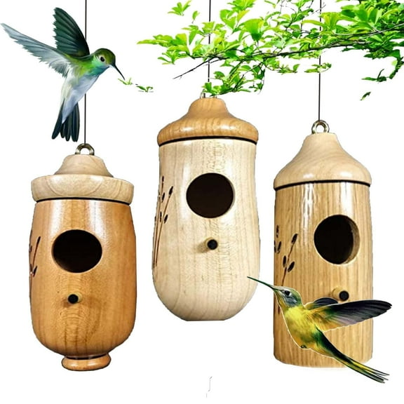 iMucci 3Pcs Natural Wood Hummingbird House 2022 New Hummingbird Houses for Outside Hanging Hummingbird Nest for Nesting