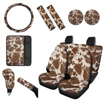 Renewold Light Brown Cow Print Car Seat Cover Front Back Seat Protector with Steering Wheel Cover,Belt Pad,Armrest Pad Handbrake Cover Gear Shift Cover Universal Fit Car Accessories