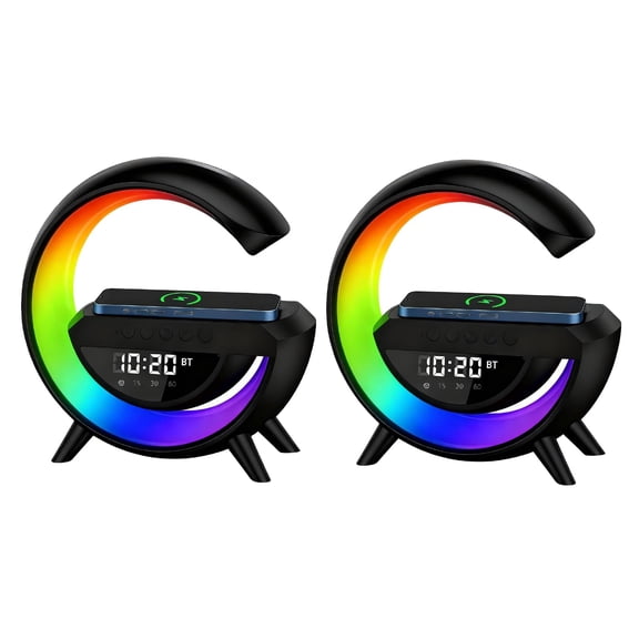 Saker G-Shaped LED Wireless Charging Speaker,Bedside Companion: Fast Wireless Charger, Bluetooth 5.2 Speaker, Digital Clock, Mood Light, and FM Radio Alarm
