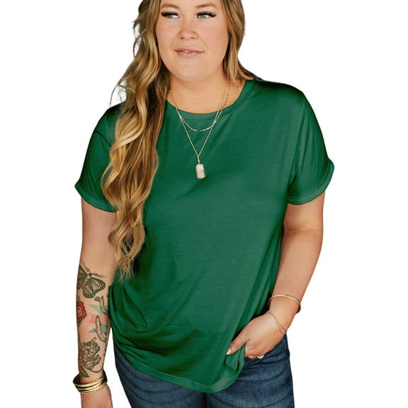Women's Dark Green Plus Size Round Neck Rolled Sleeve T-Shirt for Casual Style | [ZhiHiMeRi] | (US 14W-16W)1X