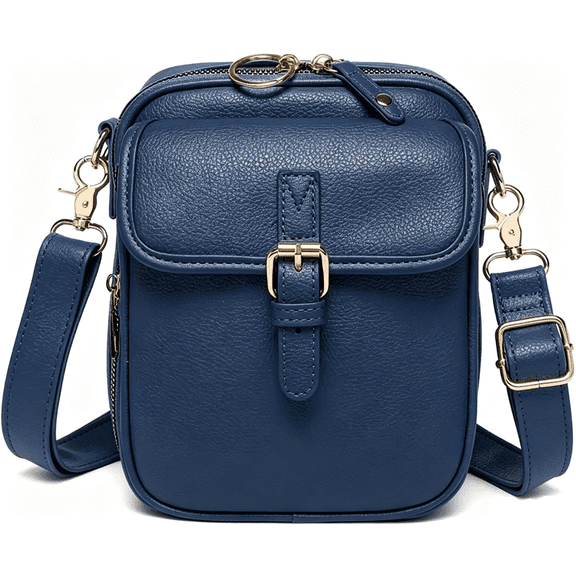 Vintage Leather Crossbody Bag for Women, Anti‑Theft Messenger Sling Bag wwith Built‑in Credit Card Slots, Large Capacity Small Shoulder Purse, Blue