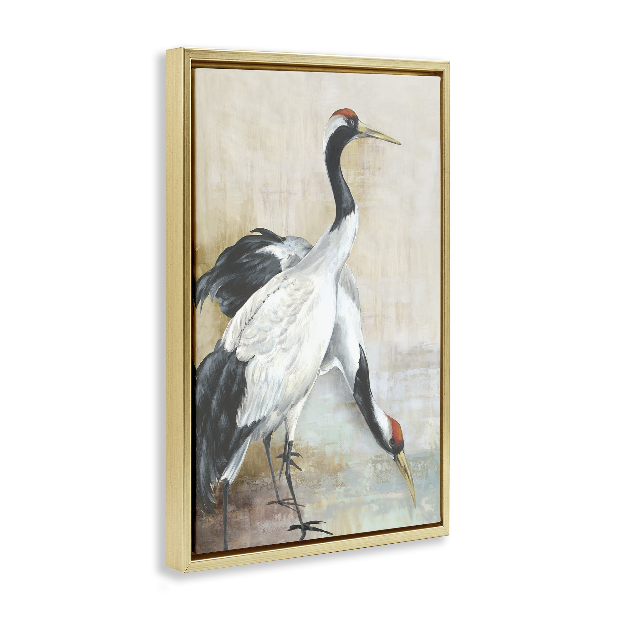 Stupell Industries Crane Duo at Riverside Animals Painting Gold Floater Framed Canvas Art Print Wall Art, 21 x 31
