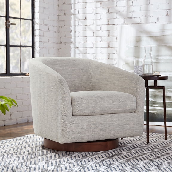 CHITA Swivel Accent Chair, Round Barrel Arm Chair Living Room, Ivory White & Walnut Base, Single