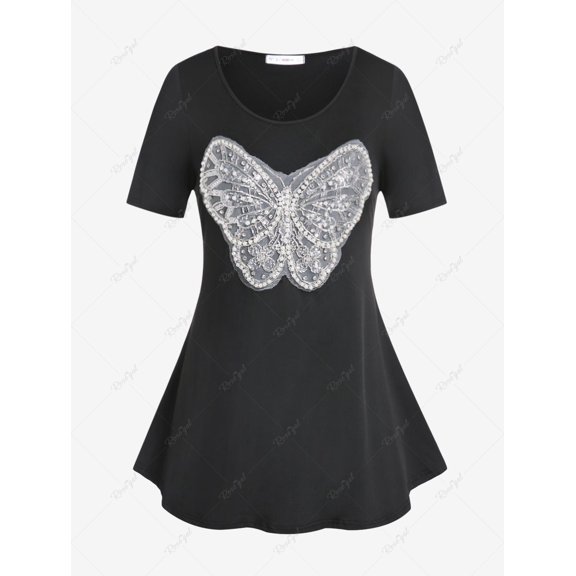 Rosegal Plus Size & Curve Beads Lace Butterfly Embroidered T Shirt