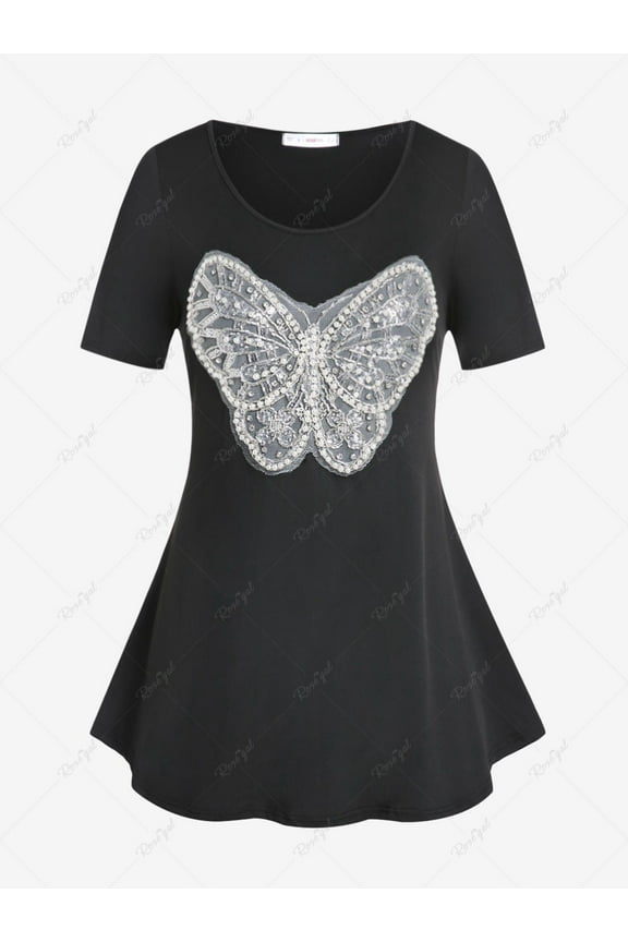 Plus Size & Curve Beads Lace Butterfly Embroidered T Shirt