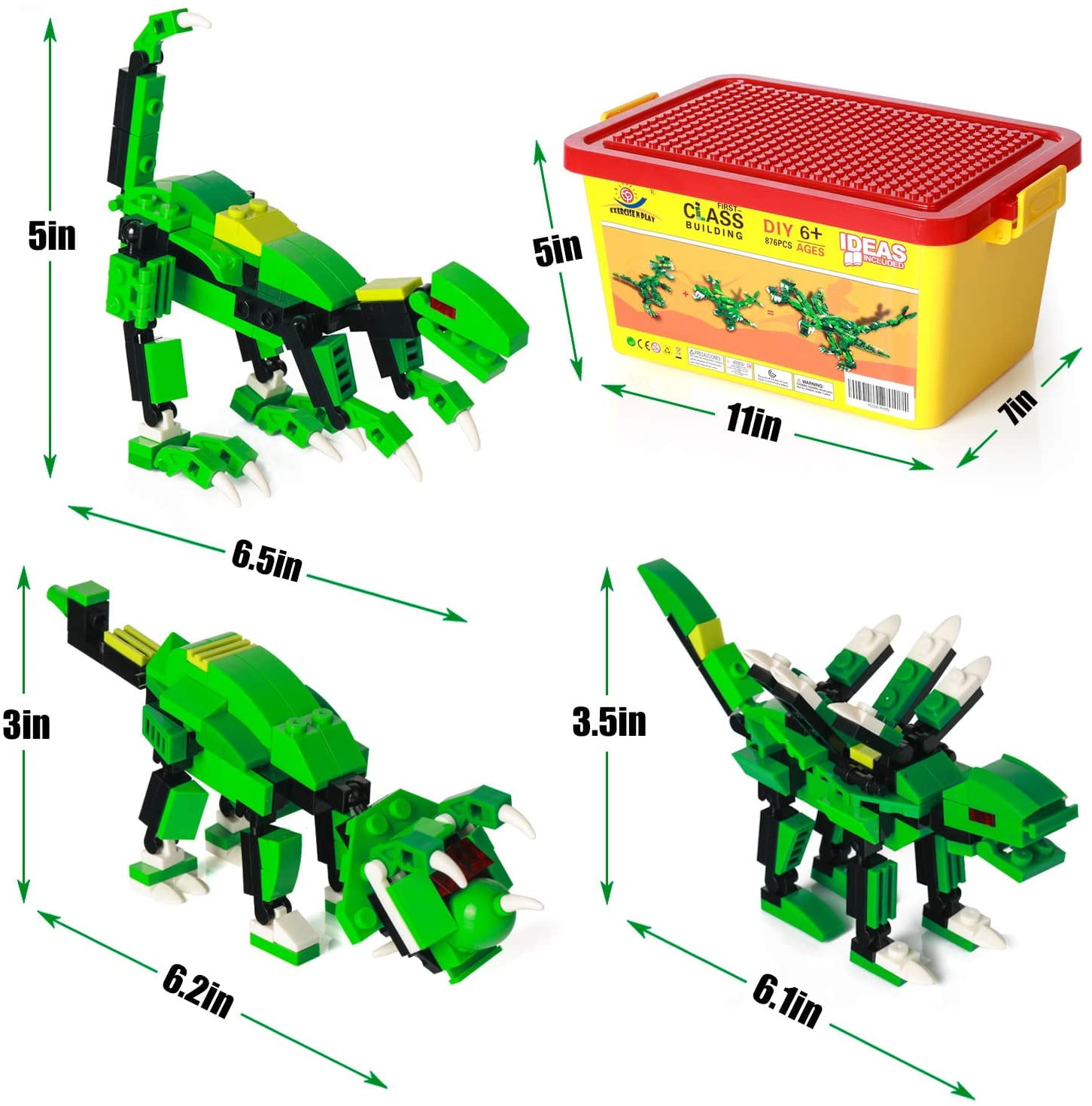 876 Pcs Dinosaurs Building Toys Set, 8 in 1 Building Blocks Kit with Storage Bucket, ENP 3 Headed Dinosaur Toys for Boys Girls, Gifts for Kids 6-12, Green