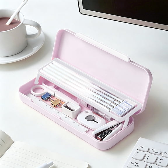 Yhmxh Cute Plastic Pencil Box, Double Layer Hard Pencil Case, Portable Snap Closed Stationery Storage Box, Lightweight Durable Rectangular Pen Holder for Office Art Supplies Organizer