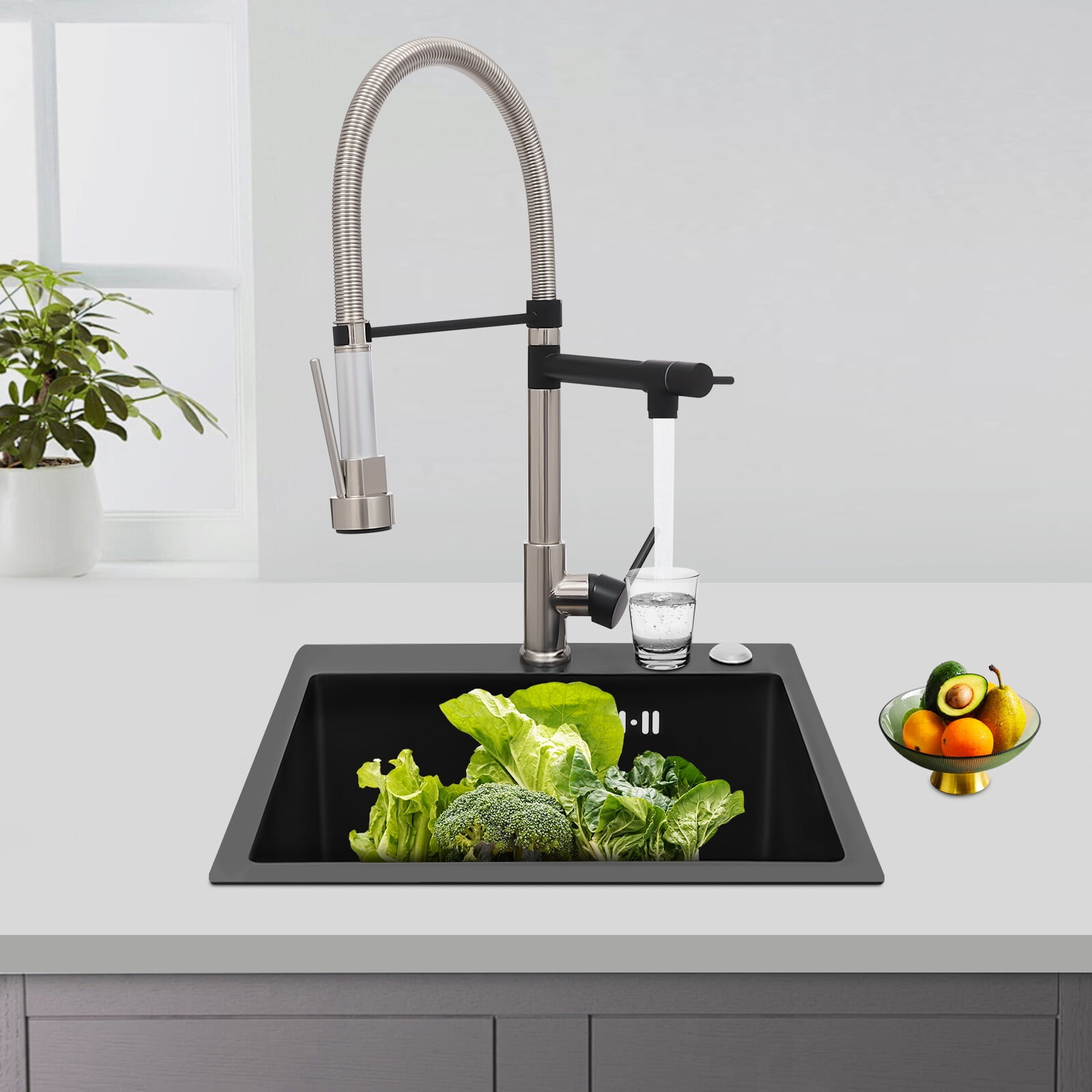 Kitchen Sink Single Handle Stainless Steel Faucet with Pull Down Sprayer(Brushed Black)