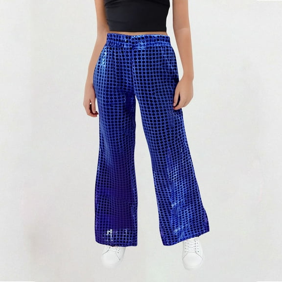 Delliss Kids Girls Sequin Flare Pants Sparkly Sequins Dance Pants Wide Leg Flared Trousers Hip Hop Jazz Disco Performance Costume