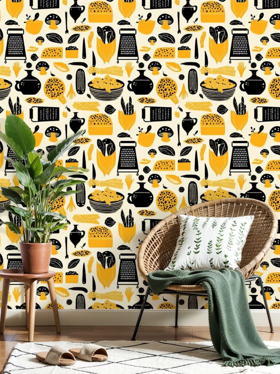 Modern Peel and Stick Wallpaper 17.7in x 9.8ft Abstract Food Mushrooms Vegetables Yellow Black Contact Paper Self-Adhesive Removable Wall Paper for Bedroom Kitchen Cabinet Renter Friendly
