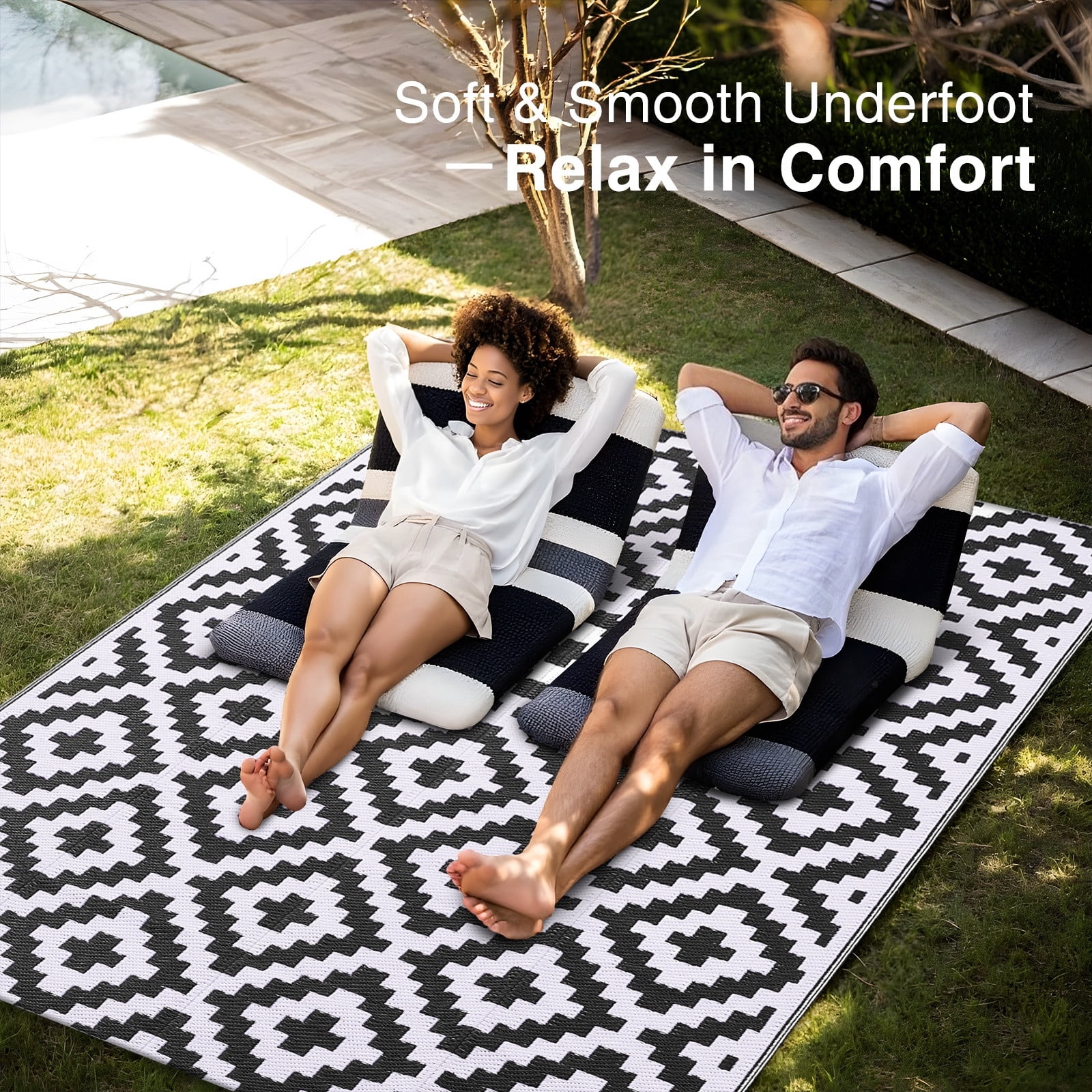 Smiry Outdoor Rug 9x12, Waterproof Reversible Plastic Outdoor Mat, Indoor Outdoor Rugs for Patio, RV, Deck, Porch, Black & White