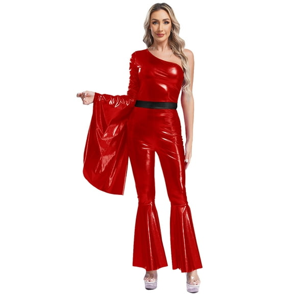 TTAO Women 70s Disco Dance Costume Shiny Metallic Funky Dancewear Single Long Sleeve Long Sleeve Bodysuit Red XL