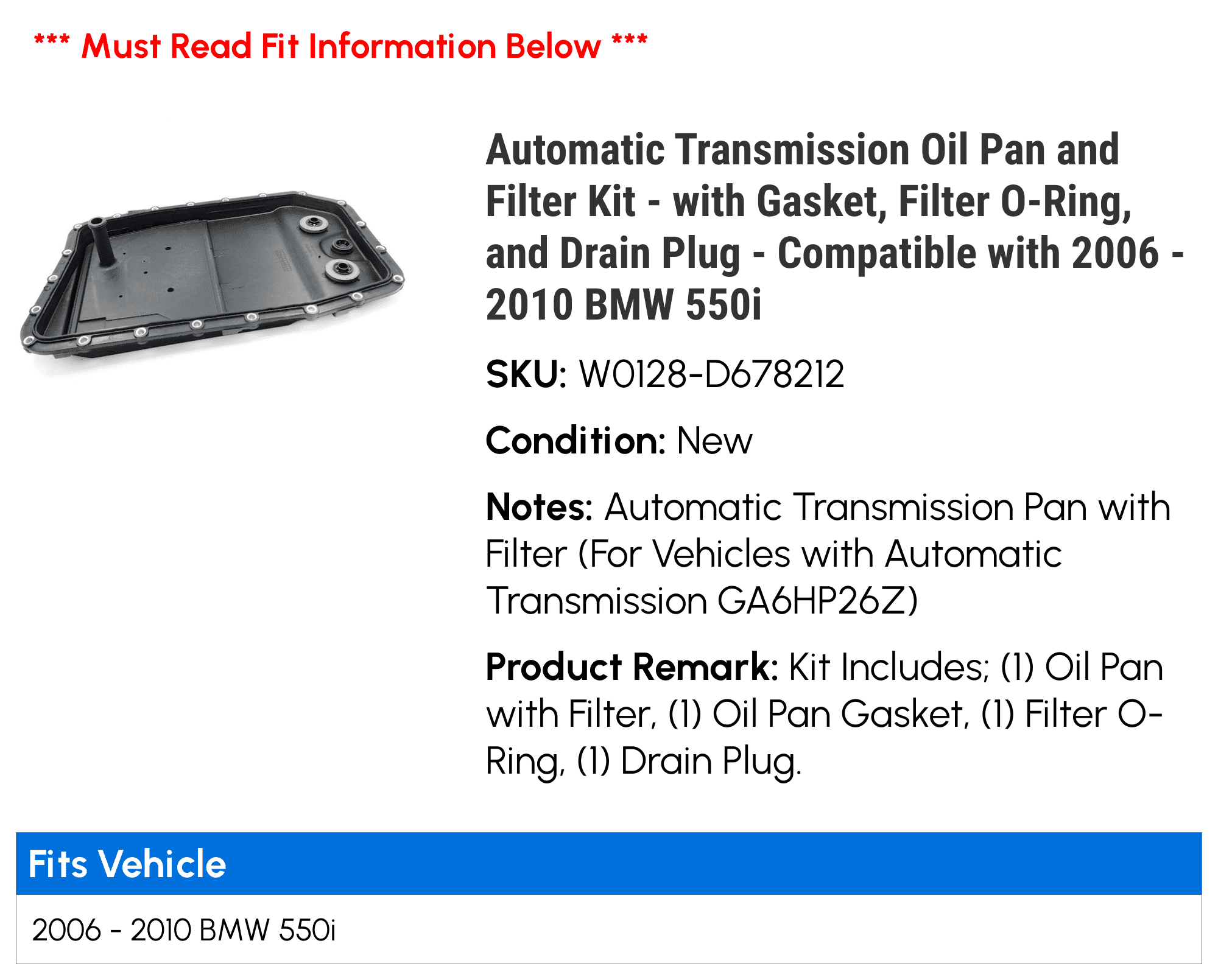 Automatic Transmission Pan and Filter Kit - with Gasket, Filter O-Ring, and Drain Plug - Compatible with 2006 - 2010 BMW 550i 2007 2008 2009