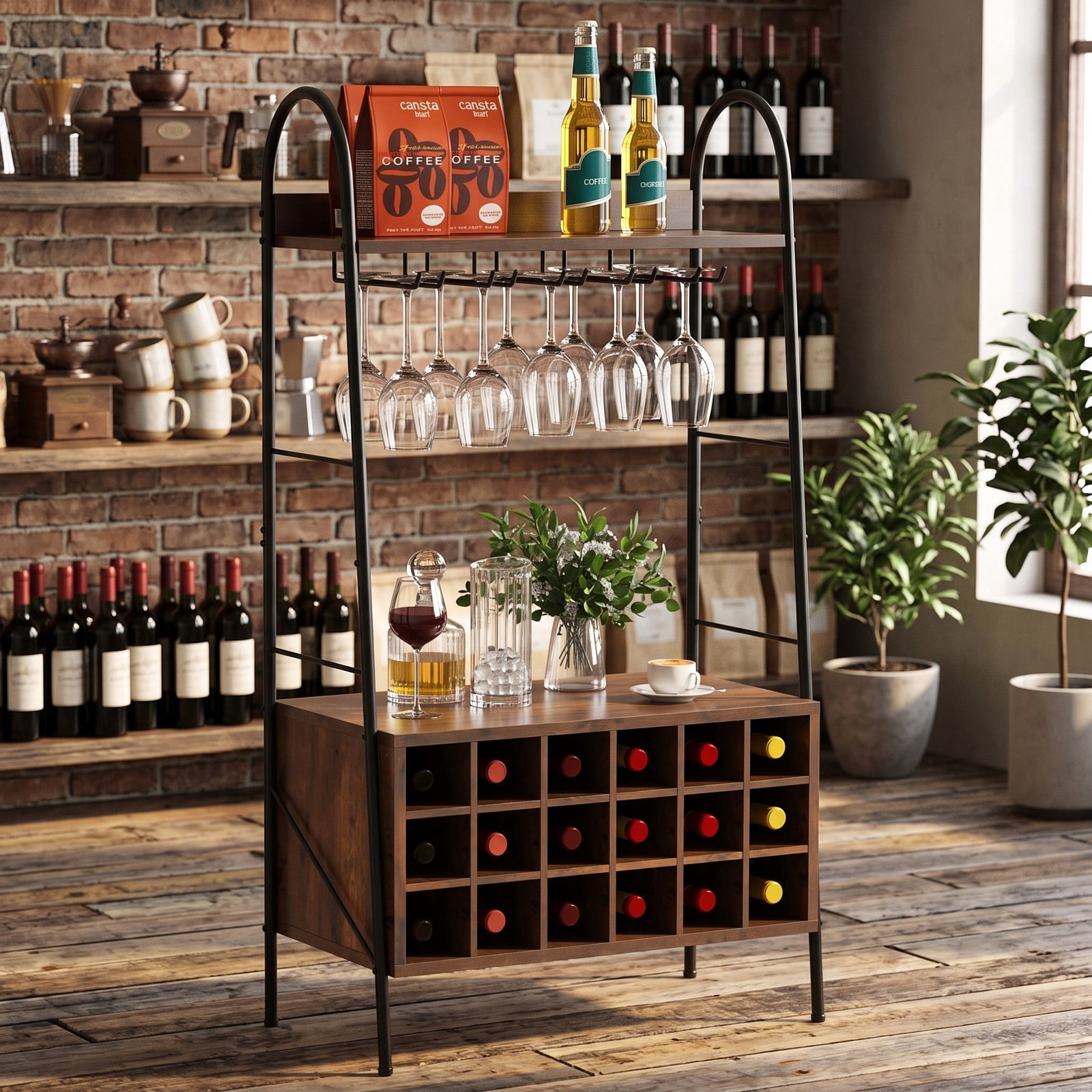 RUIE Baker's Rack with Detachable Wine Rack and 5 Rows of Stemware Holder, Freestanding Kitchen Storage Shelf Holds 18 Bottles and 15 Glasses, Metal, Rustic Brown