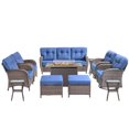 thumbnail image 2 of Unnifurnzi 10 Pieces Patio Furniture With Fire Pit Table-Outdoor Couch With Outdoor Swivel Rocking Chairs Wicker Coversation Set For Deck Porch Garden Balcony Poolside-Brown/Blue, 2 of 7