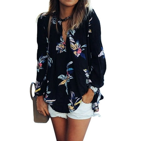 Nlife Women Floral Print Long Sleeve Chiffon Shirt Blouse Tops
