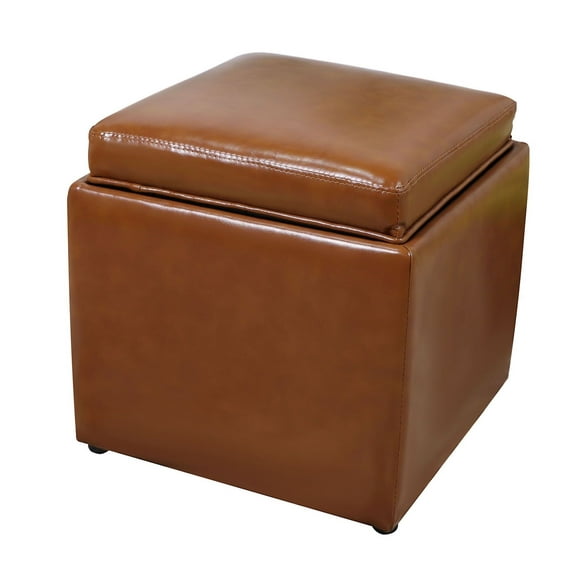 Storage Ottoman with Tray, Faux Leather Footrest Stool - Contemporary Square Ottoman for Living Room, Bedroom, Multifunctional Coffee Table Brown