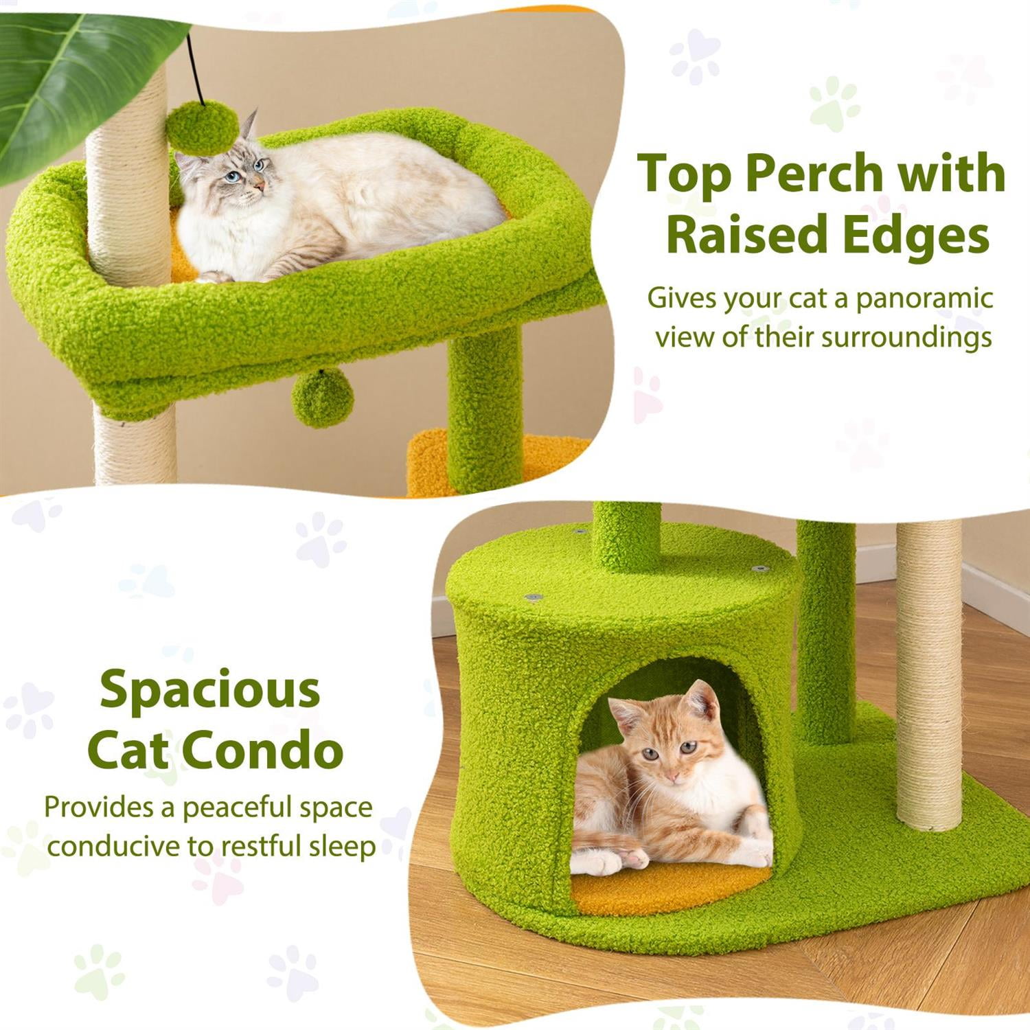 Pefilos Cute Multi-Level Cat Tree for Adult Cats, Top Perch & Condo, Self-Groomer & Sisal Posts, Green