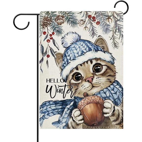 Hello Winter Tabby Cat Decorative Garden Flag, Double Sided Burlap Outdoor Yard Decor, 12 x 18 Inch
