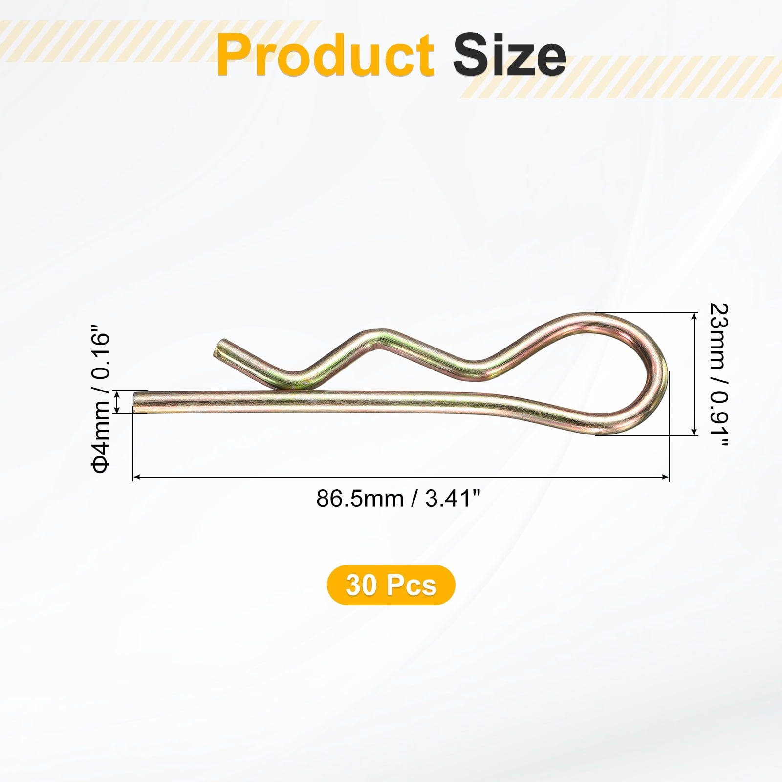30Pack Hitch Pin Clip, 4x86.5mm Zinc-Plated Spring Steel Retaining R Clip, Gold