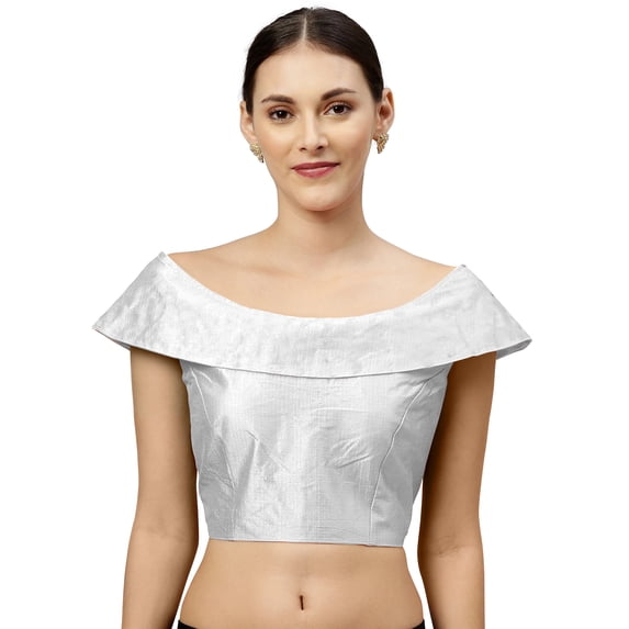 eloria Women's Art Silk Boat Neck Sari Top Blouse Partywear Sleevless Fillers With backside Zipper, Color : White