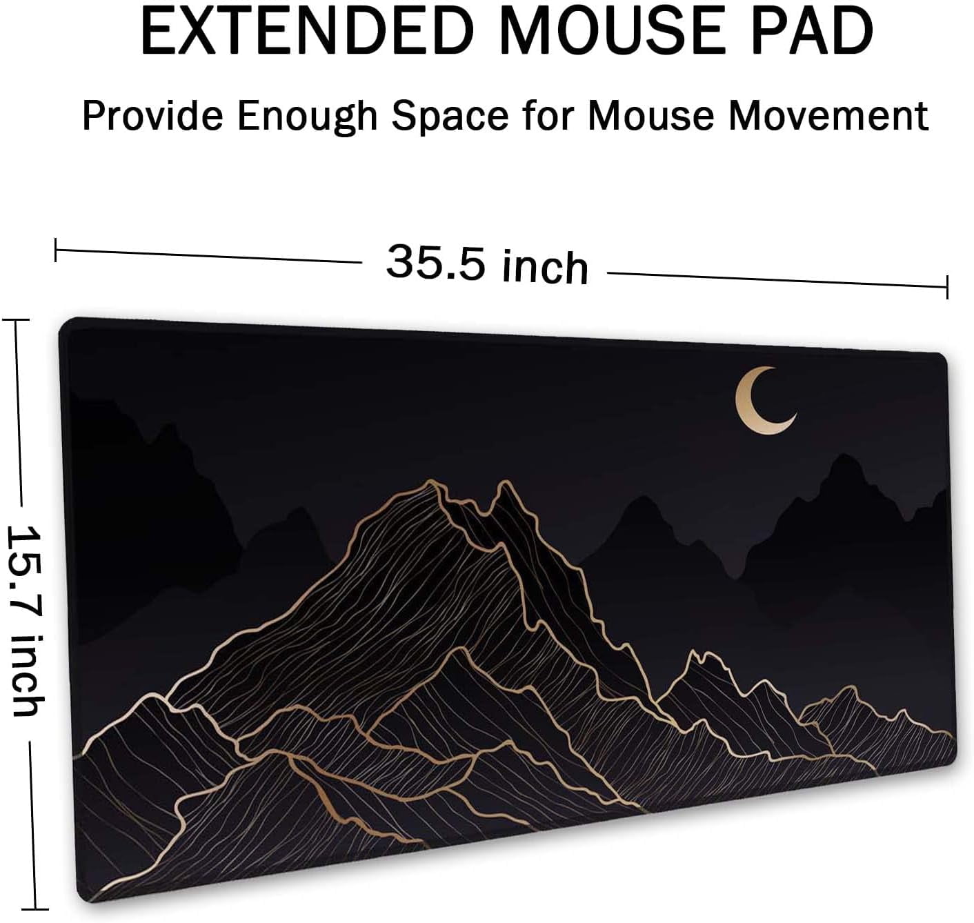 Mountain & Moon Landscape Black Desk Mat, Boho Desk Mat, Mountain Desk Mat, Large Mouse Pad, Full Desk XXL Extended Gaming Mouse Pad 35.5" X 15.7", Waterproof Desk Mat Stitched Edges