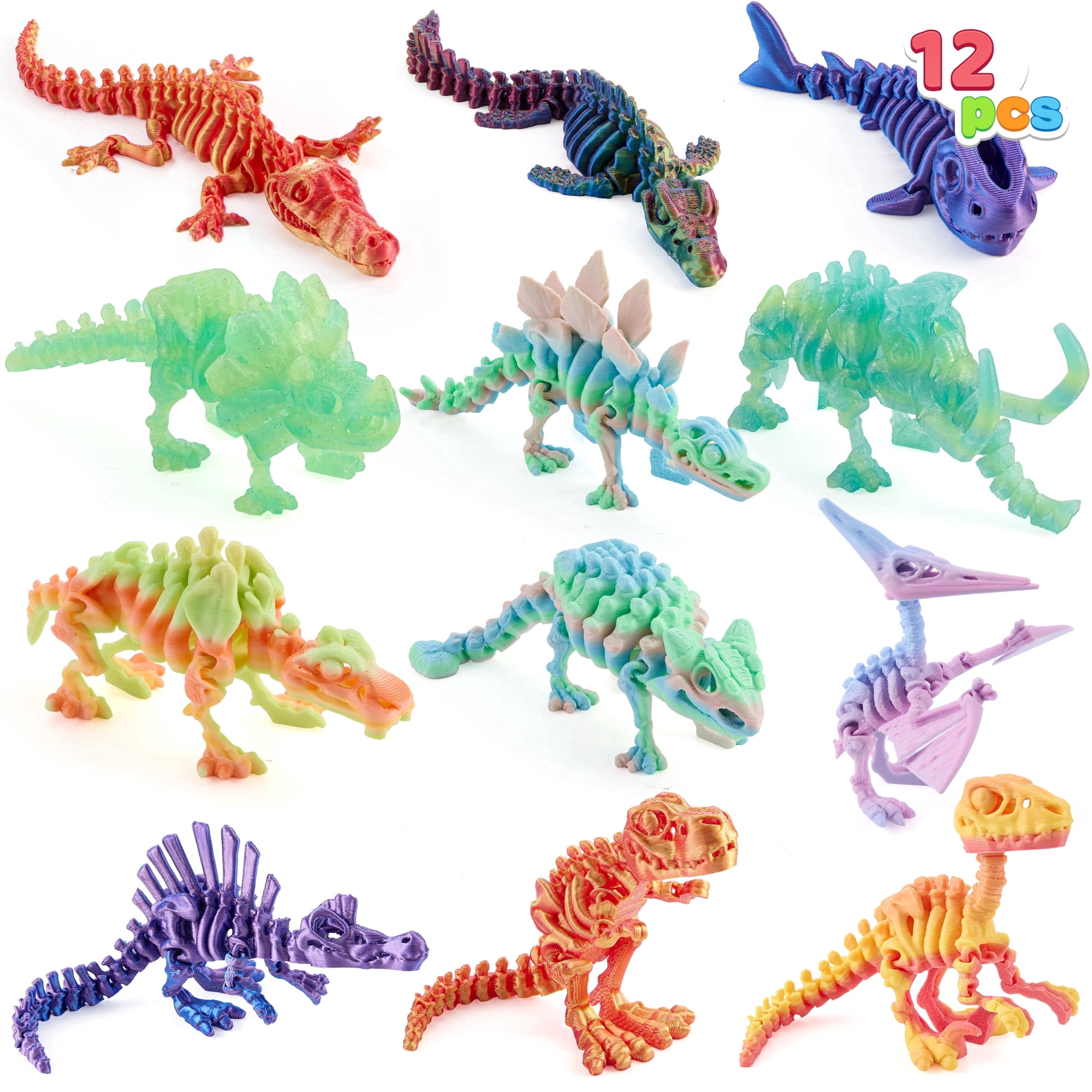 Joyfy 12 Pcs 3D Printed Dinosaur Fidget Toys for Kids Party Favors, Flexible Articulated Animals Skeleton, Desk Pets, Bulk Gifts for Birthday, Goodie Bag Stuffers