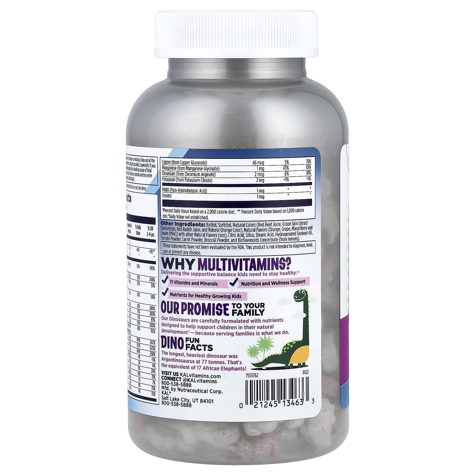 KAL Kids MultiSaurus Vitamins & Minerals | Berry, Grape & Orange Flavor | Childrens Daily Multivitamin | 180 Chewables
