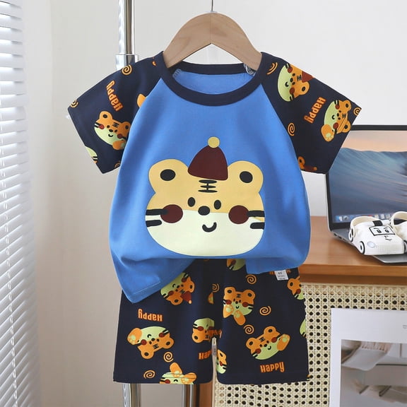 Amidoa Boys 2 Piece Outfits Summer Clothes Soft Short Sleeve Print T Shirts and Casual Shorts Kids Clothing Sets Blue Size 3T