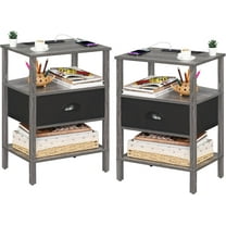 CRXX Nightstand Set of 2 with Charging Station and USB Ports, 3-Tier Storage End Table with Cloth Drawer Shelf, Night Stand for Small Spaces, Wood Bedside Table for Living Room, Bedroom - Grey