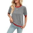 thumbnail image 2 of Womens Tops Casual Summer Crewneck Short Sleeve Striped Color Block Knit High Low Trendy Pullover Sweaters Black & Red XL, 2 of 9