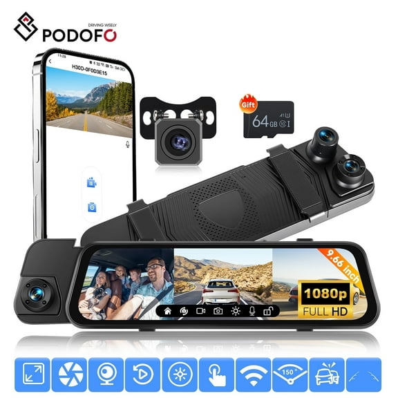 Podofo 9.66 Inch 1080P Car Dashcam with Wi-Fi, 3 Channel Dash Camera with Gravity Sensor/Loop Recording/Night Vision/Reverse Assistance Free 64G Card