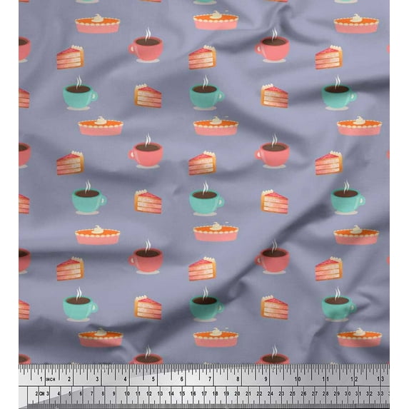 Soimoi Crepe Silk Fabric Cake Slice & Coffee Beverages Printed Craft Fabric by The Yard 42 Inch Wide
