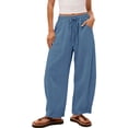 thumbnail image 3 of Women's Elastic Waist Pants Wide Leg Solid Color Drawstring Loose Casual Ankle Length Straight Leg Pants with Pockets Casual Summer Beach Travel Lounge Trousers, 3 of 6