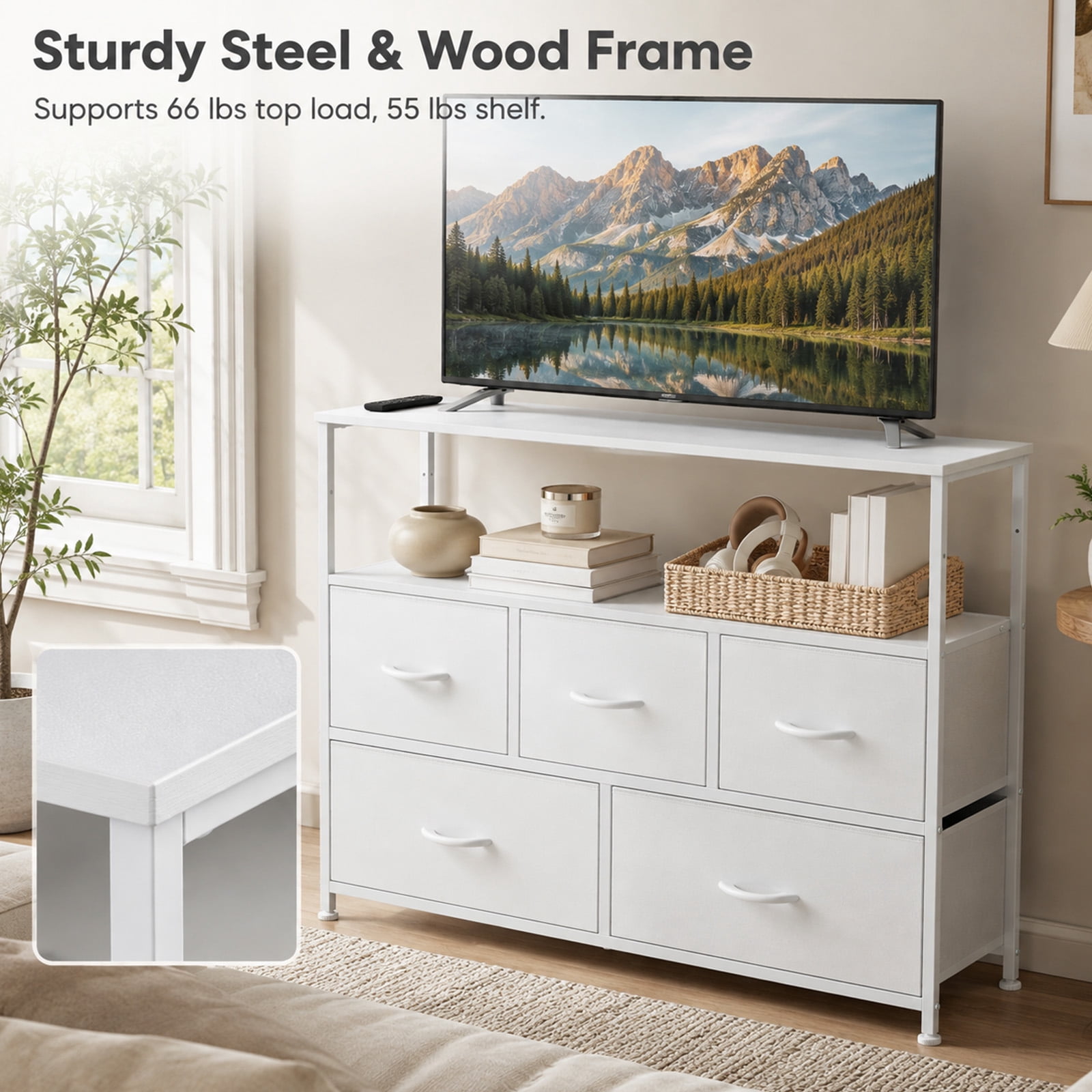 Alvantor Tall Fabric Dresser, TV Stand Media Console, 5 Drawer Storage Tower with Wooden Top for Bedroom, Entryway, Nursery