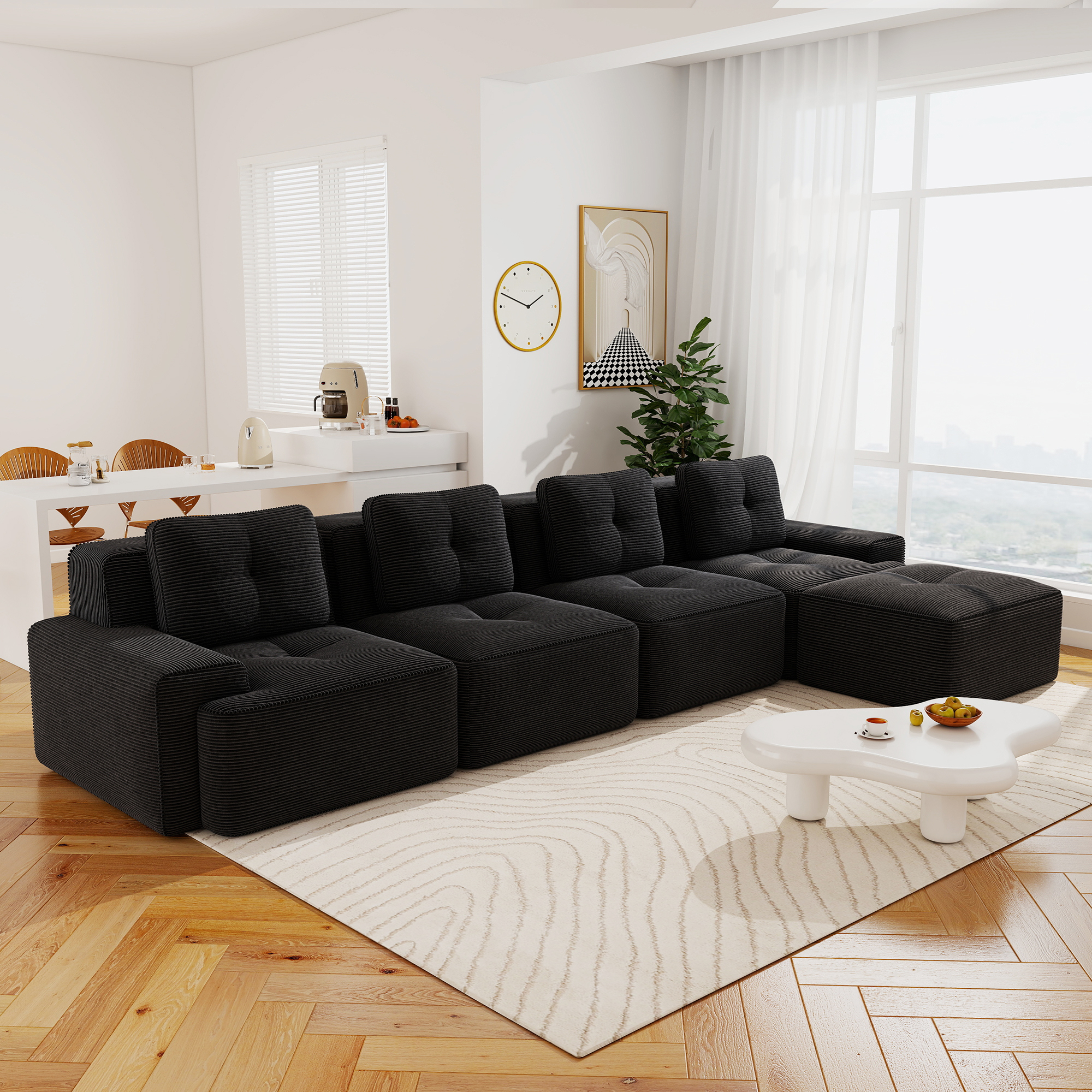 Aukfa 5-Piece Tufted Modular Corduroy Sectional Sofa with Ottoman for Living Room, 128.5" Width 4-Seat Sofa, Black