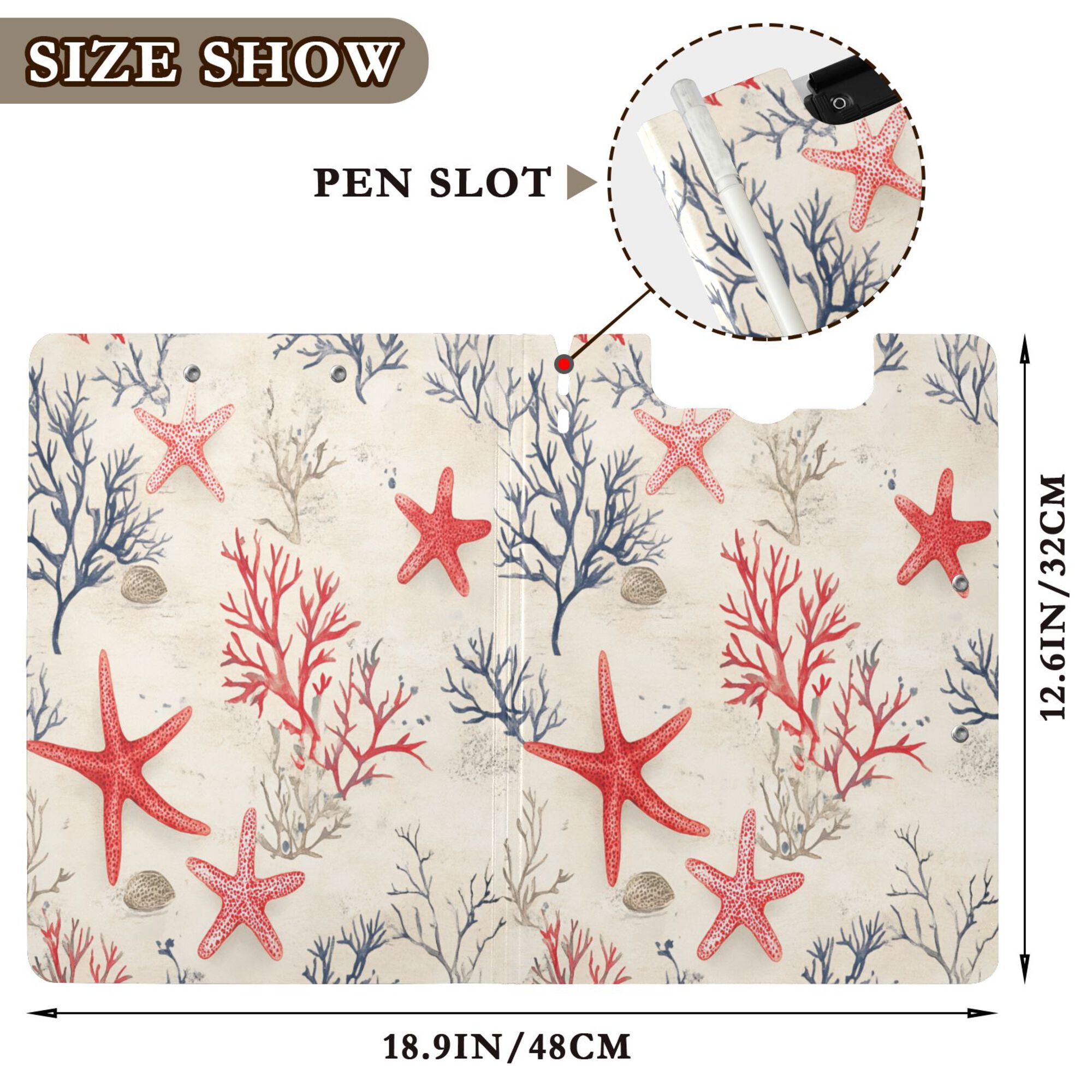 FORMRS A4 Clipboard Folder with Pen Holder Horizontal Foldable School Office Binder, Light Red Starfish