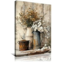 Framed Flower Canvas Print Rustic Creamy Yellow Wood Grain Room Decor White Jasmine and Rusty Watering Cans Painting for Living Room Bedroom Home Decor Ready to Hang 12x16in