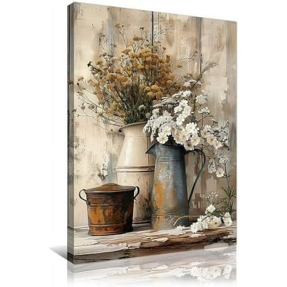 Framed Flower Canvas Print Rustic Creamy Yellow Wood Grain Room Decor White Jasmine and Rusty Watering Cans Painting for Living Room Bedroom Home Decor Ready to Hang 12x16in